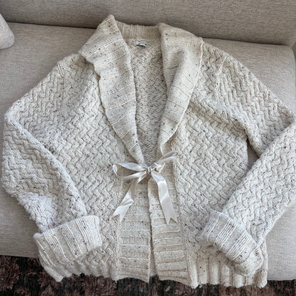 Apt 9 Cardigan Sweater M Cream Cable Knit Ribbon Tie Front Coquette Cozy Cottage